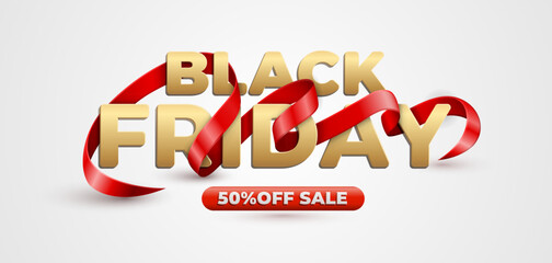 Black friday sale banner with realistic 3d gold typography and red ribbon - 661762527