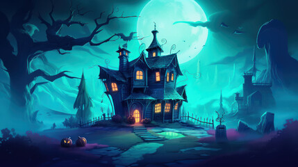 Illustration of a haunted house in shades of cyan. Halloween, fear, horror