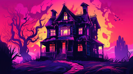 Fototapeta na wymiar Illustration of a haunted house in shades of magenta. Halloween, fear, horror