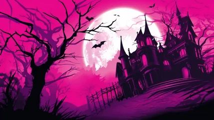 Foto op Canvas Illustration of a haunted house in shades of magenta. Halloween, fear, horror © darkredmon
