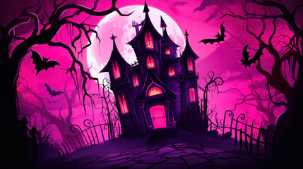 Illustration of a haunted house in shades of magenta. Halloween, fear, horror