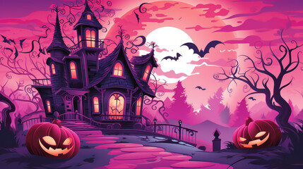 Fototapeta premium Illustration of a haunted house in shades of pink. Halloween, fear, horror