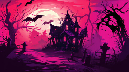 Illustration of a haunted house in shades of magenta. Halloween, fear, horror