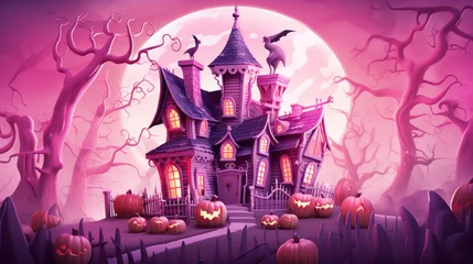 Poster Illustration of a haunted house in shades of pink. Halloween, fear, horror © darkredmon