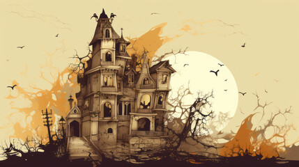 Fototapeta na wymiar Illustration of a haunted house in shades of beige. Halloween, fear, horror