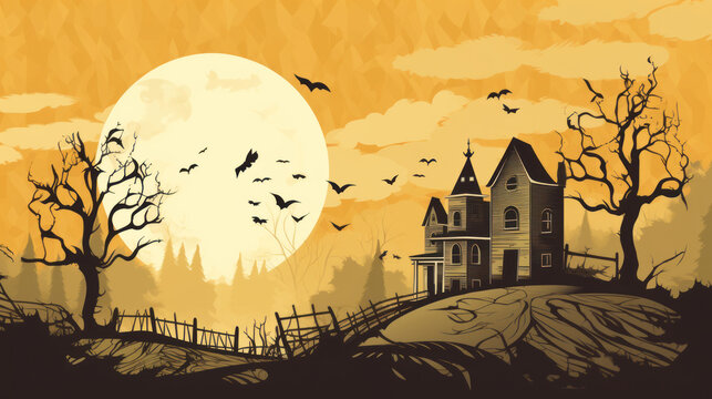 Illustration of a haunted house in shades of beige. Halloween, fear, horror
