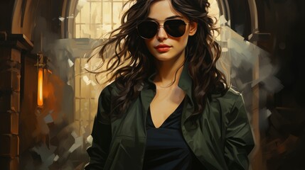 Fototapeta premium Fashionable Pale Brunette Long Green Dress Black , Background Images , Hd Wallpapers, Background Image