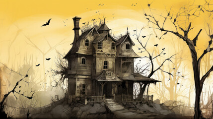 Fototapeta na wymiar Illustration of a haunted house in shades of light yellow. Halloween, fear, horror