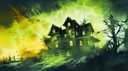 Fototapeta na wymiar Illustration of a haunted house in shades of light lime. Halloween, fear, horror