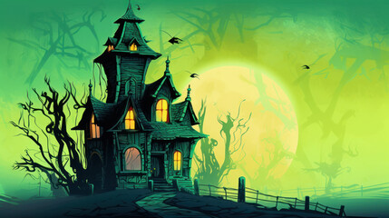 Fototapeta na wymiar Illustration of a haunted house in shades of light green. Halloween, fear, horror