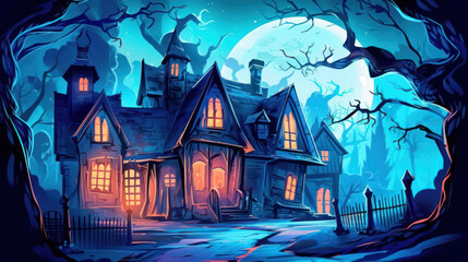 Fototapeta na wymiar Illustration of a haunted house in shades of light blue. Halloween, fear, horror