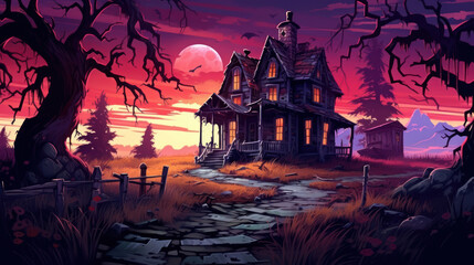 Fototapeta na wymiar Illustration of a haunted house in shades of vivid maroon. Halloween, fear, horror