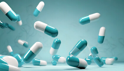 An assortment of antibiotic pill capsules cascading down. 3D medical illustration in the context of healthcare