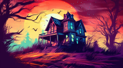 Illustration of a haunted house in shades of vivid maroon. Halloween, fear, horror