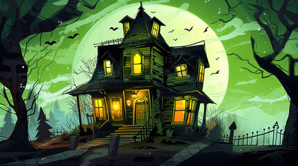 Fototapeta na wymiar Illustration of a haunted house in shades of vivid lime. Halloween, fear, horror
