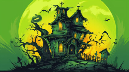 Illustration of a haunted house in shades of vivid green. Halloween, fear, horror