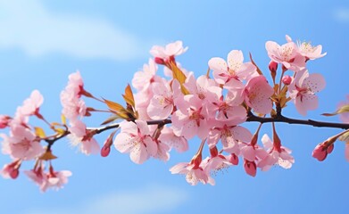 Pink cherry blossoms,pink sakura,beautiful cherry blossoms blue background. Cherry blossoms are beautiful and pleasing to the eye. Makes you feel relaxed like you're in nature. Generative ai