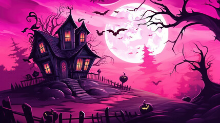 Illustration of a haunted house in shades of vivid pink. Halloween, fear, horror