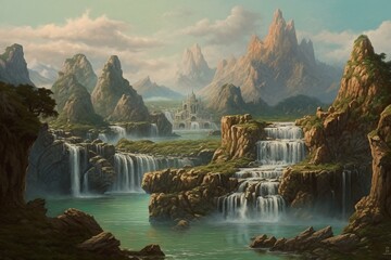 An artwork depicting a scenic scenery of a mountain range adorned with a cascading waterfall and a serene lake. Generative AI