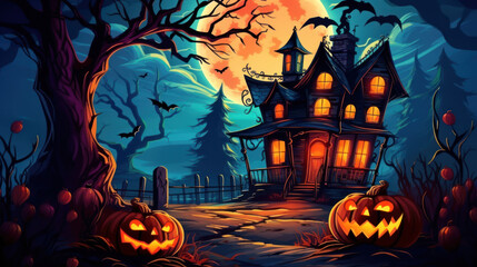 Illustration of a haunted house in shades of colorful. Halloween, fear, horror