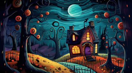 Illustration of a haunted house in shades of colorful. Halloween, fear, horror