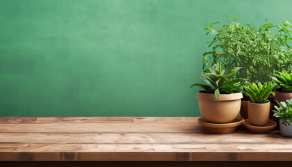 Wooden table adorned with potted plants against a vibrant green wall backdrop