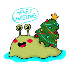 Illustration of a snail with the shell in the shape of a Christmas tree and saying Merry Christmas, print design