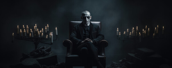 Moody and atmospheric portrayal of villain character in a theatrical or cinematic style