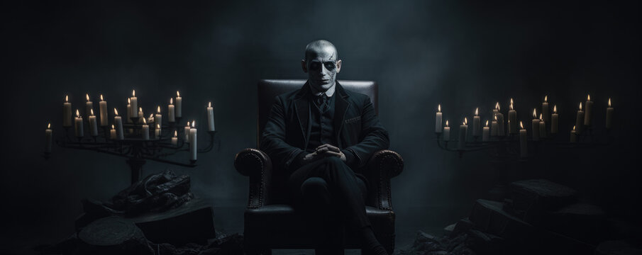 Moody and atmospheric portrayal of villain character in a theatrical or cinematic style