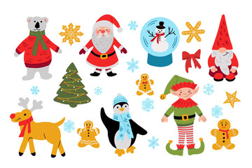 Flat hand drawn Christmas traditional characters. Funny vector isolated cartoon characters and winter holiday decoration on white background. ideal for Christmas decoration, stickers, pattern