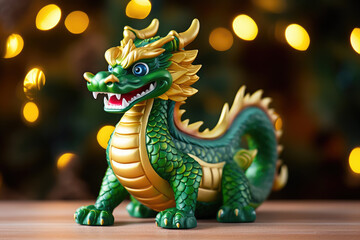 Fototapeta na wymiar Green wooden dragon toy - the cute sign of New Year 2024 on Christmas background.
