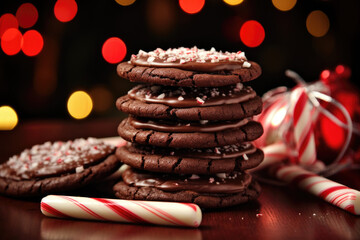 Stack of delicious chocolate and peppermint swirl cookies against a festive holiday background