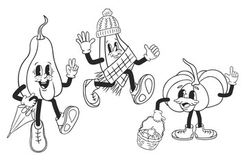 Obraz premium Old retro cartoon pumpkins in doodle style. Black hand drawn sketch vintage characters on white background. Autumn trendy print design for printout, posters, shirt print