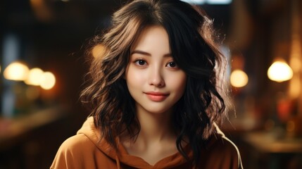 Fototapeta premium Joyful Confident Asian Girl With Dark Haircut , Background Images , Hd Wallpapers, Background Image