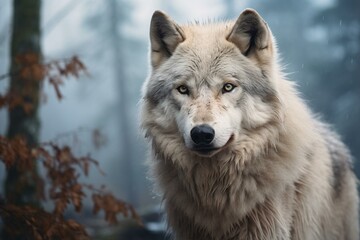 Close-up of a gorgeous tundra wolf with a misty forest background. Generative AI - obrazy, fototapety, plakaty