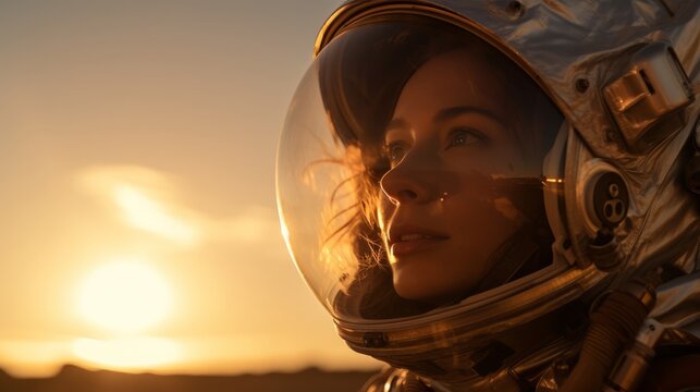Female astronaut in a space suit walking on Mars or other red sandy planet. Sci-Fi Space Travel Concept.