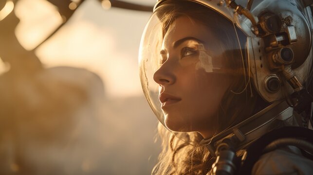 Female astronaut in a space suit walking on Mars or other red sandy planet. Sci-Fi Space Travel Concept.