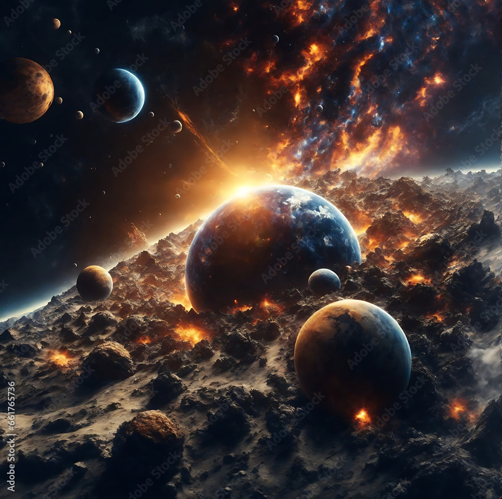 Wall mural planetary collisions and explosions in space.generative ai