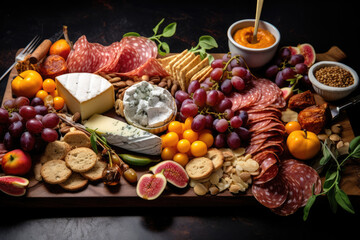Obraz na płótnie Canvas Elegantly arranged charcuterie board with a variety of cured meats, cheeses, fruits, and artisanal crackers