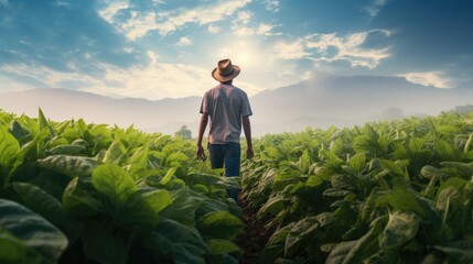 Fototapeta premium A tobacco farmer stands in the middle of a tobacco field.