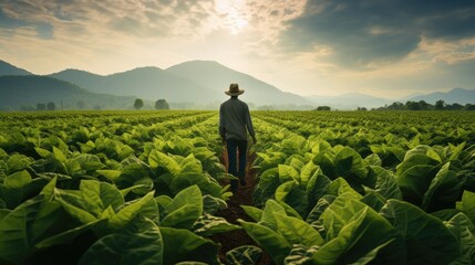 Fototapeta premium A tobacco farmer stands in the middle of a tobacco field.