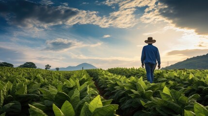 Fototapeta premium A tobacco farmer stands in the middle of a tobacco field.