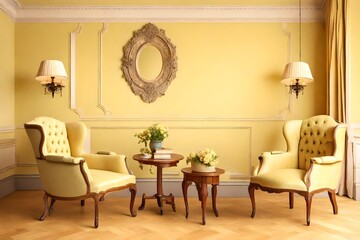 A classic sitting area with two elegant armchairs and an antique wooden table on a pastel yellow background.