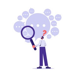 Man with huge magnifier in hands finding answer, problem solving, search creative idea