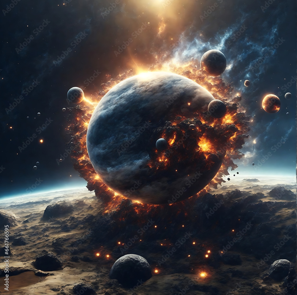 Sticker planetary collisions and explosions in space. generative ai