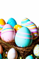 Fototapeta na wymiar colorful easter eggs in a nest on white background