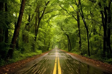 Birdseye country road surrounded by lush woods. Generative AI