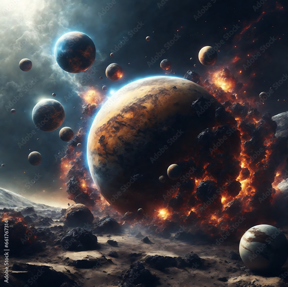 Wall mural planetary collisions and explosions in space. generative ai