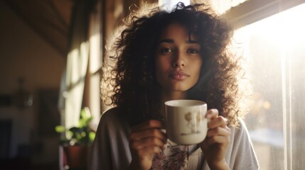 Young black woman with curly hair drinking tea by a window with light streaming in. 