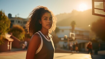 Black teenage girl with curly hair, wearing a jersey on a  basketball court at dusk. 